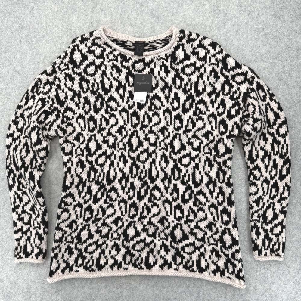 Magaschoni Leopard Print Sweater M Cream Black Cotton Wool Chunky Knit Mob Wife